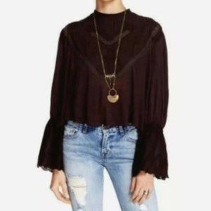 Free People Black Anthracite Peasant Blouse Bell Sleeve Flowy Top Boho Grunge